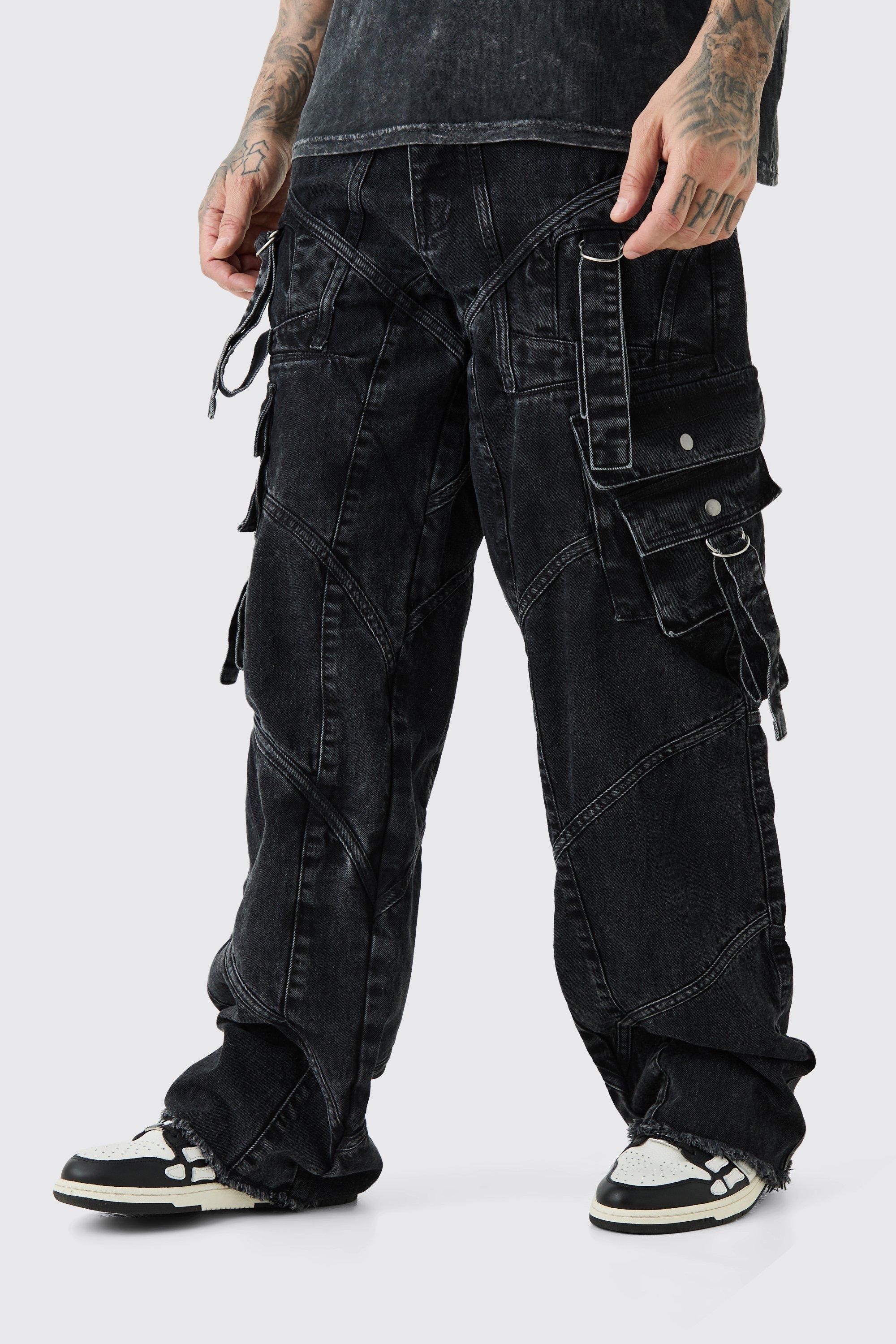 Mens Black Tall Baggy Rigid Strap And Buckle Detail Jeans, Black